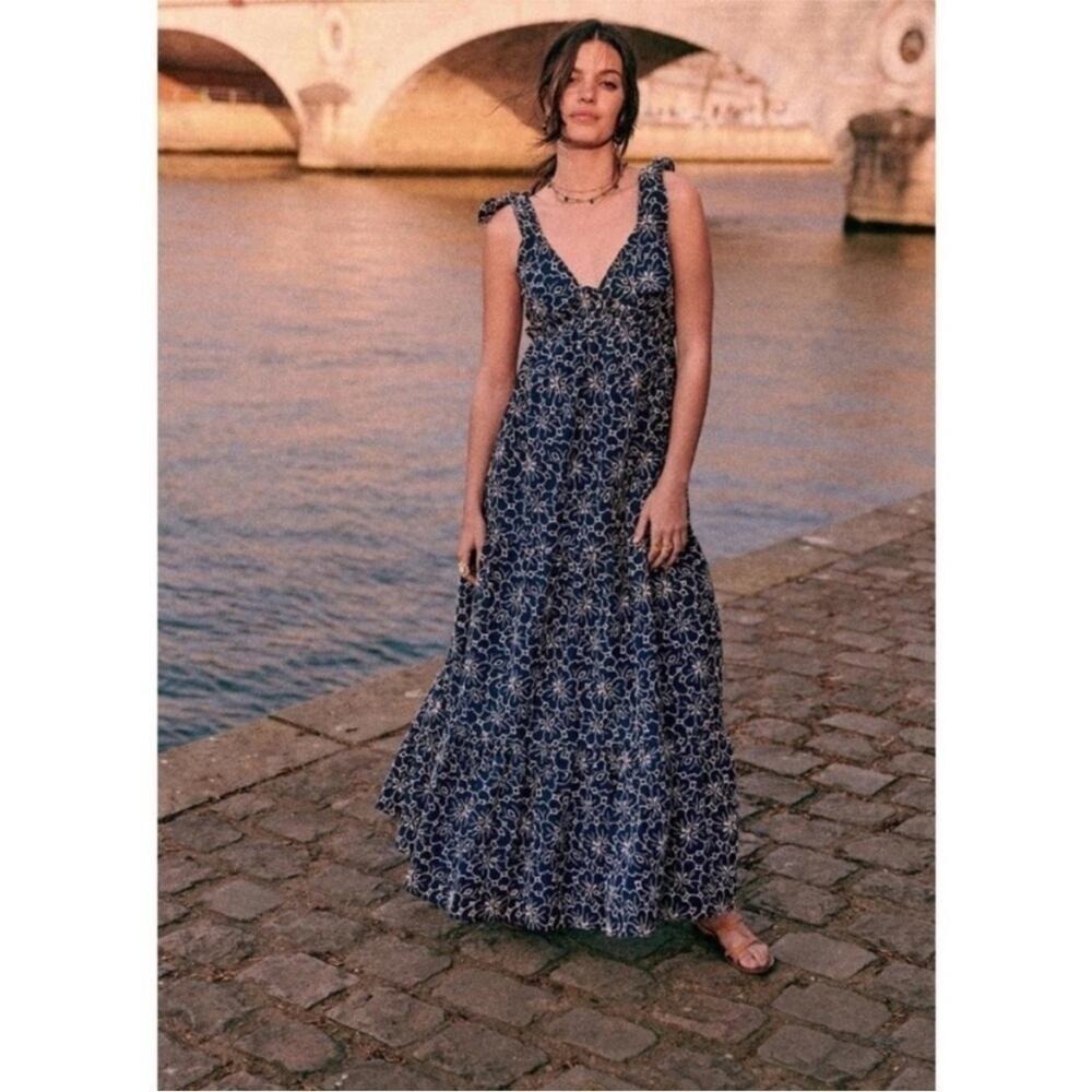Sezane Graziella Navy Ecru Marine Cotton Maxi Floral eyelet Dress 34 2